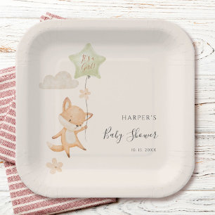 Watercolor Cute Fox Flying Balloon Baby Shower  Paper Plate