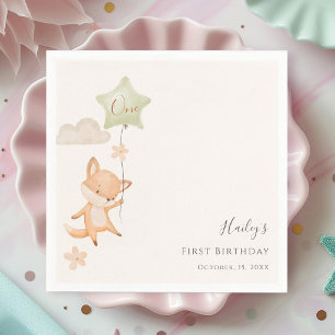 Watercolor Cute Fox Flying Balloon First Birthday  Napkin