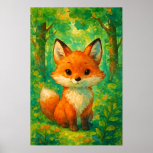 Watercolor Cute Fox Woodland Illustration Nursery Poster