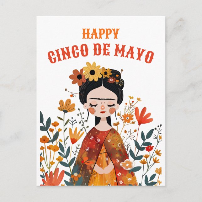 Watercolor Cute Frida Kahlo Happy Cinco de Mayo Postcard (Front)