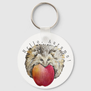 Watercolor cute hedgehog and apple keychain