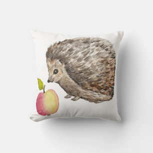 Watercolor cute hedgehog and apple throw pillow