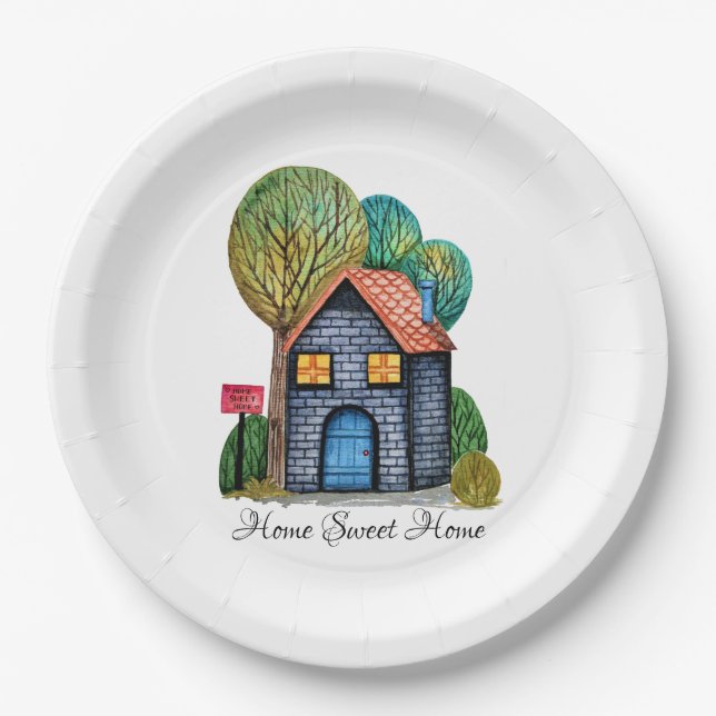 Watercolor Cute Home Sweet Home Art Paper Plate (Front)