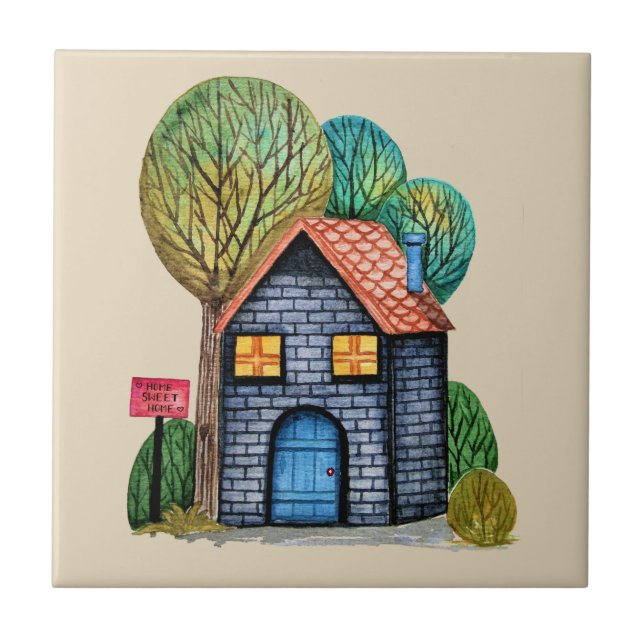 Watercolor Cute Home Sweet Home Art Tile (Front)
