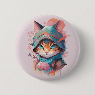 Watercolor Cute Hooded Ninja Cat 2 Inch Round Button