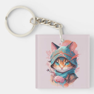 Watercolor Cute Hooded Ninja Cat Keychain