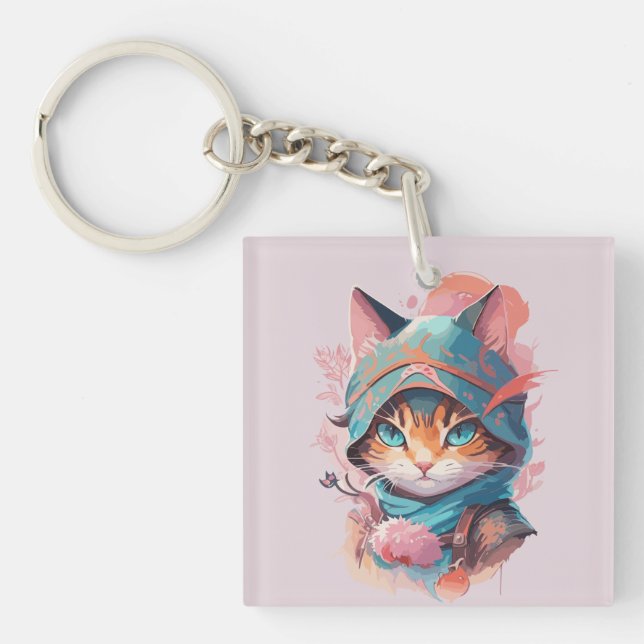 Watercolor Cute Hooded Ninja Cat Keychain (Front)