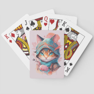 Watercolor Cute Hooded Ninja Cat Playing Cards