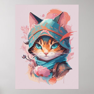 Watercolor Cute Hooded Ninja Cat Poster