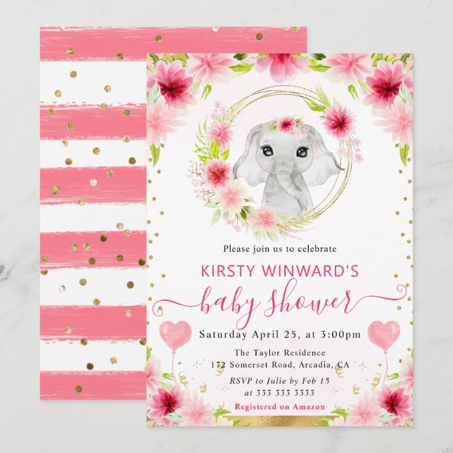 Watercolor Cute Jungle Elephant Baby Shower Invitation (Front/Back)