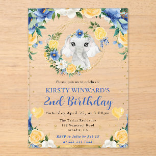 Watercolor Cute Jungle Elephant Kids Birthday Acrylic Invitations