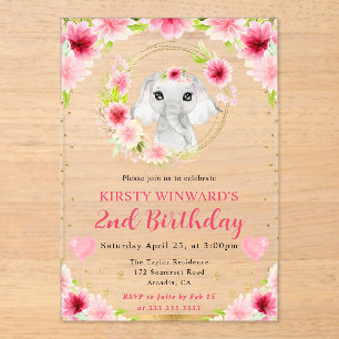 Watercolor Cute Jungle Elephant Kids Birthday Acrylic Invitations