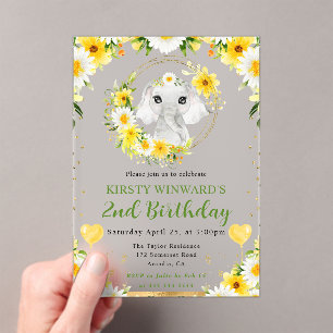 Watercolor Cute Jungle Elephant Kids Birthday Acrylic Invitations