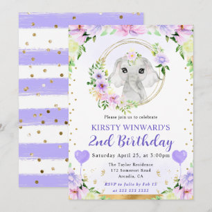 Watercolor Cute Jungle Elephant Kids Birthday Invitation