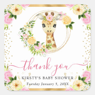 Watercolor Cute Jungle Giraffe Floral Baby Shower Square Sticker