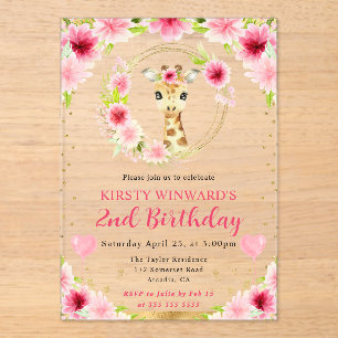 Watercolor Cute Jungle Giraffe Kids Birthday Acrylic Invitations