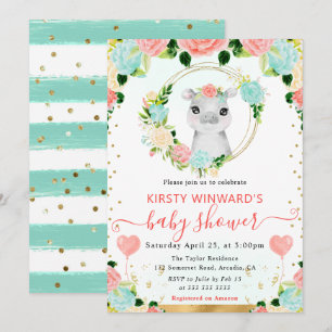 Watercolor Cute Jungle Hippo Baby Shower Invitation