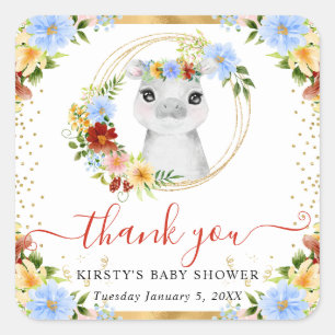 Watercolor Cute Jungle Hippo Floral Baby Shower Square Sticker