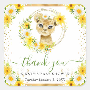 Watercolor Cute Jungle Lion Floral Baby Shower Square Sticker