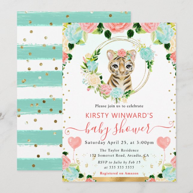 Watercolor Cute Jungle Tiger Baby Shower Invitation (Front/Back)