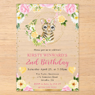 Watercolor Cute Jungle Tiger Kids Birthday Acrylic Invitations