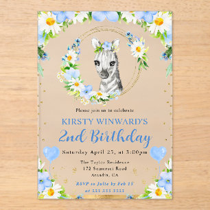 Watercolor Cute Jungle Zebra Kids Birthday Acrylic Invitations