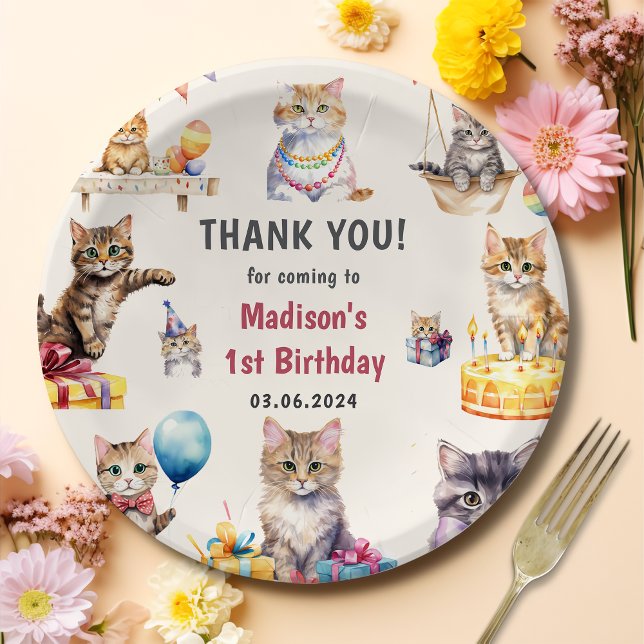 Watercolor Cute Kitty Cat 1st Birthday Paper Plate (Creator Uploaded)
