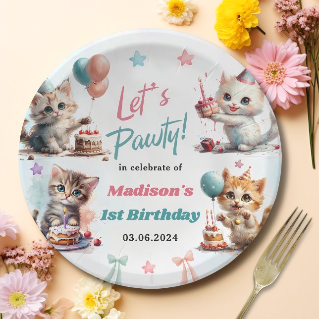Watercolor Cute Kitty Cat 1st Birthday Paper Plate (Creator Uploaded)