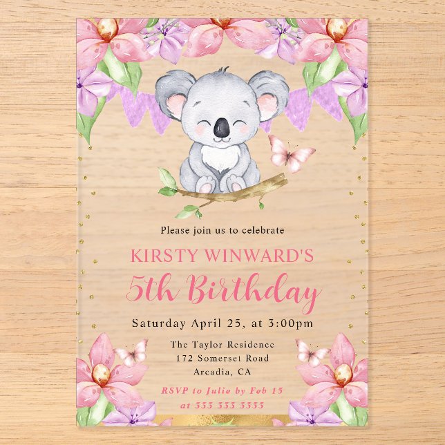 Watercolor Cute Koala & Tropical Flowers Birthday Acrylic Invitations (Front)