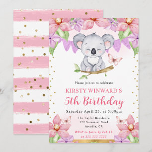 Watercolor Cute Koala & Tropical Flowers Birthday Invitation