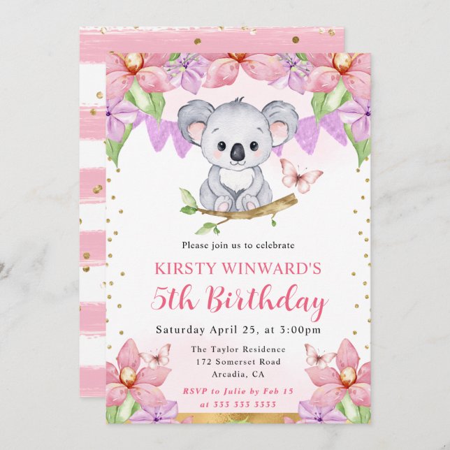 Watercolor Cute Koala & Tropical Flowers Birthday Invitation (Front/Back)