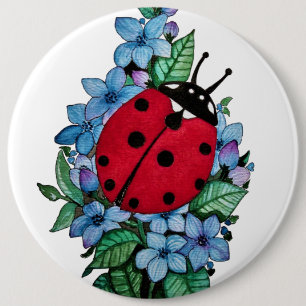 Watercolor Cute Ladybird With Blue Wild Flowers 6 Inch Round Button