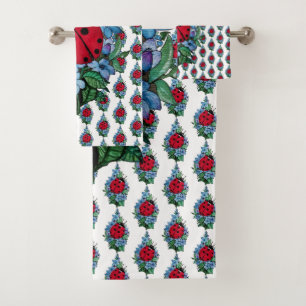 Watercolor Cute Ladybird With Blue Wild Flowers Bath Towel Set