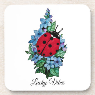 Watercolor Cute Ladybird With Blue Wild Flowers Coaster