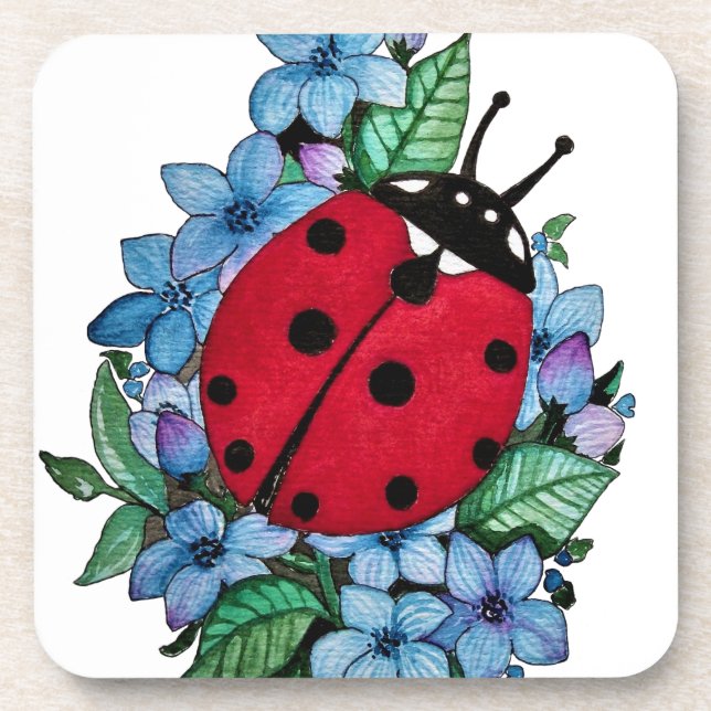 Watercolor Cute Ladybird With Blue Wild Flowers Coaster (Front)