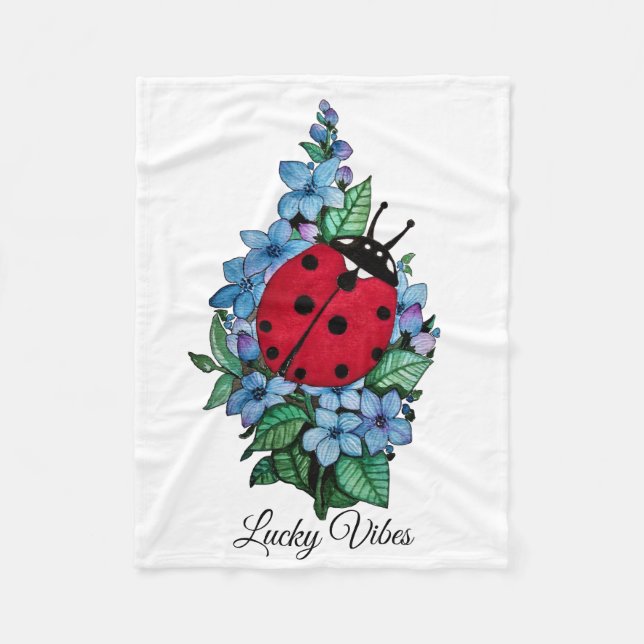 Watercolor Cute Ladybird With Blue Wild Flowers Fleece Blanket (Front)