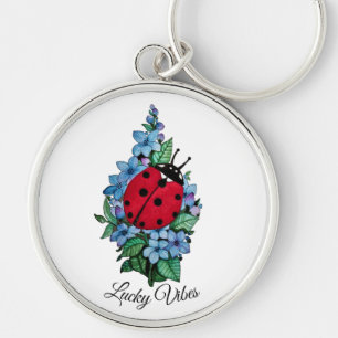 Watercolor Cute Ladybird With Blue Wild Flowers Keychain