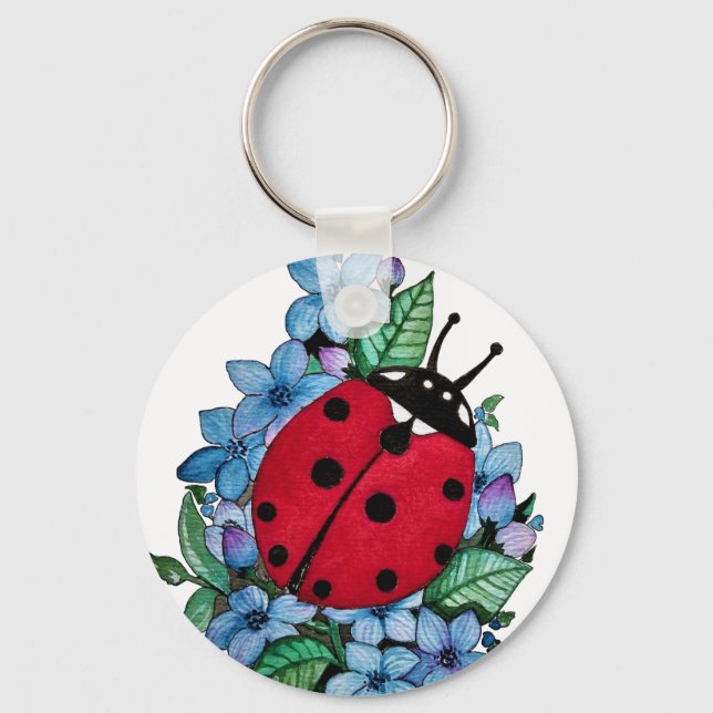 Watercolor Cute Ladybird With Blue Wild Flowers Keychain (Front)