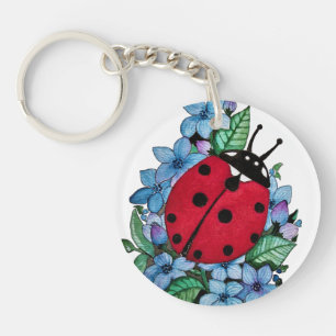 Watercolor Cute Ladybird With Blue Wild Flowers Keychain