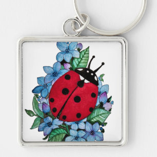 Watercolor Cute Ladybird With Blue Wild Flowers Keychain