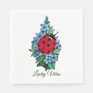 Watercolor Cute Ladybird With Blue Wild Flowers Napkin