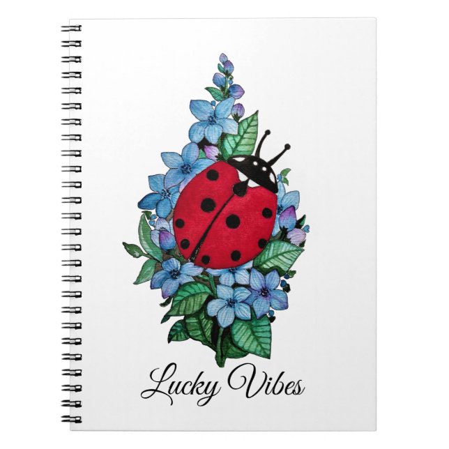 Watercolor Cute Ladybird With Blue Wild Flowers Notebook (Front)