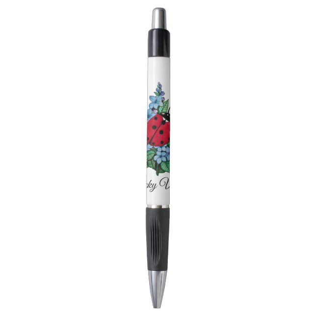 Watercolor Cute Ladybird With Blue Wild Flowers Pen (Front Vertical)