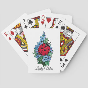 Watercolor Cute Ladybird With Blue Wild Flowers Playing Cards