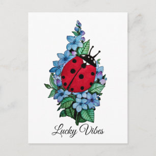 Watercolor Cute Ladybird With Blue Wild Flowers Postcard