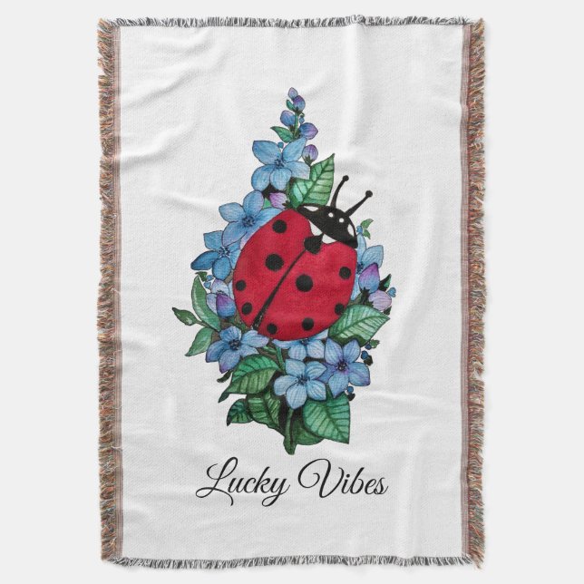 Watercolor Cute Ladybird With Blue Wild Flowers Throw Blanket (Front Vertical)