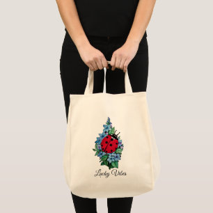 Watercolor Cute Ladybird With Blue Wild Flowers Tote Bag