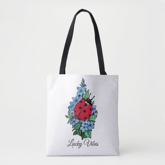 Watercolor Cute Ladybird With Blue Wild Flowers Tote Bag (Front)