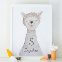 Watercolor cute lama. Alpaca monogram nursery
