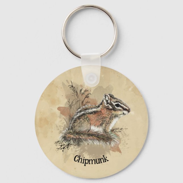 Watercolor Cute Little Chipmunk Animal Wildlife Keychain (Front)